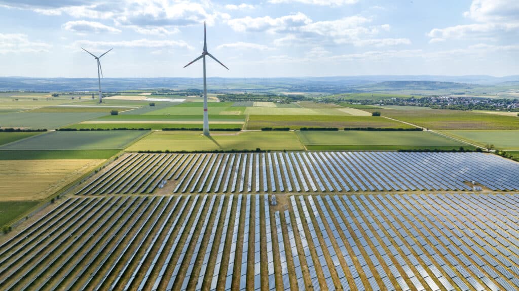 Wind turbines and solar park - aerial view